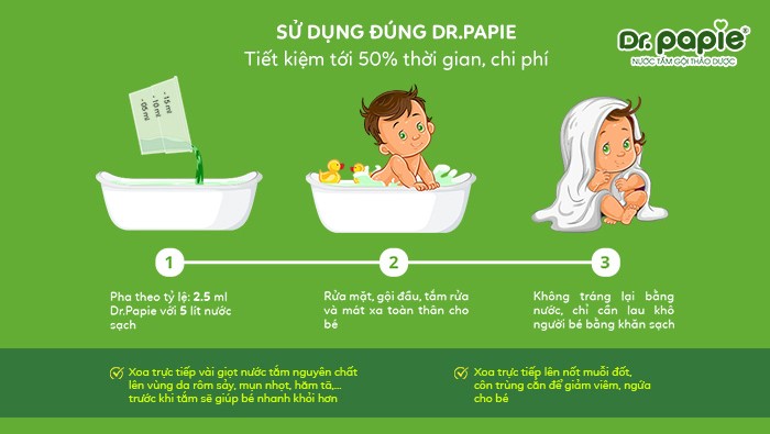 Cách sử dụng nước tắm Dr. Papie trị hăm cho bé